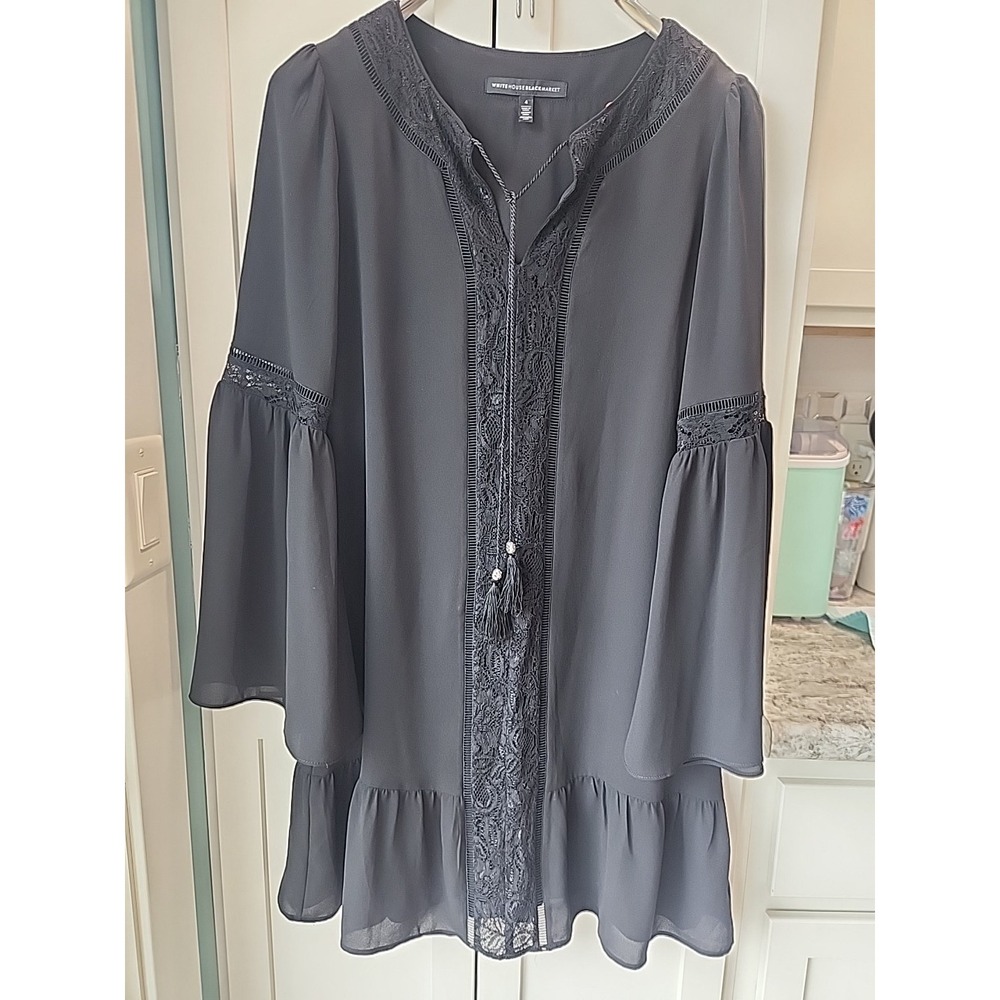 White House Black Market Lace‎ Detail Bell Sleeve Dress Size 4 Tie Neck Ruffle